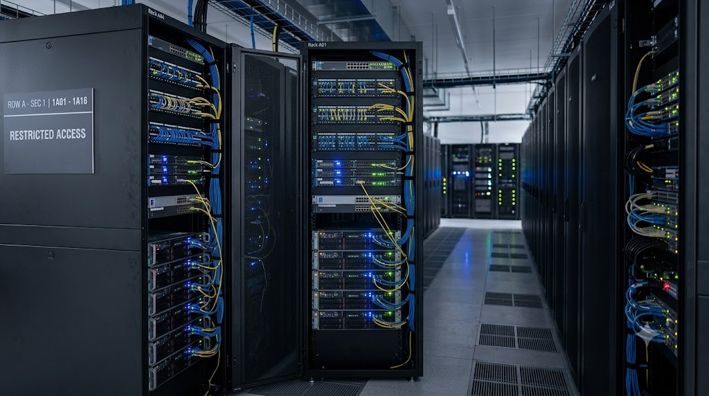 Rows of server racks in a data center