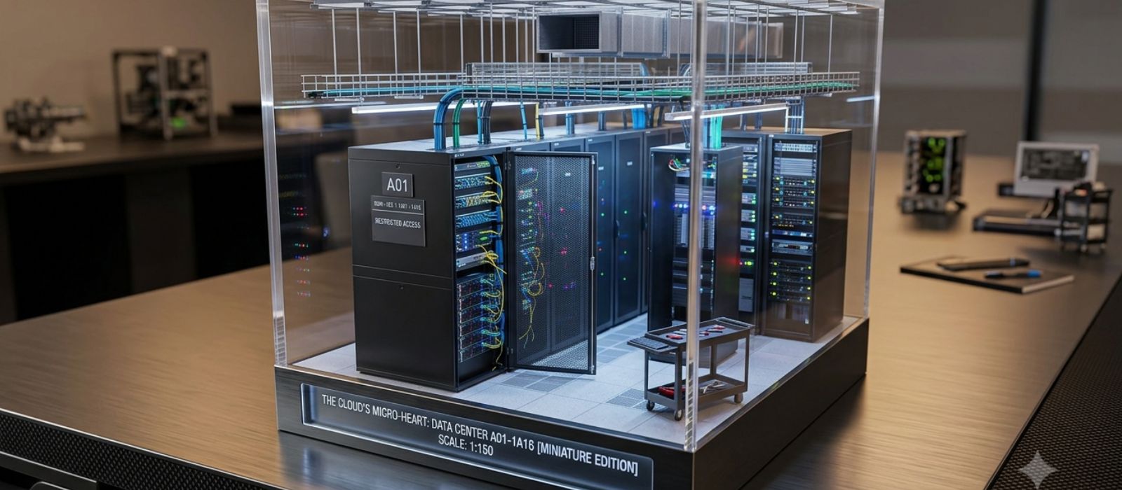 Data center corridor with server cabinets